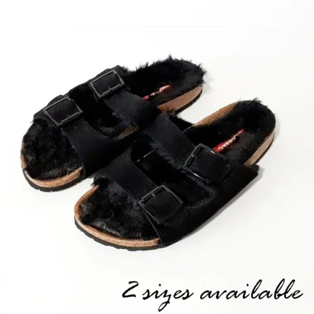 NWOT Unionbay black faux fur faux suede sandals